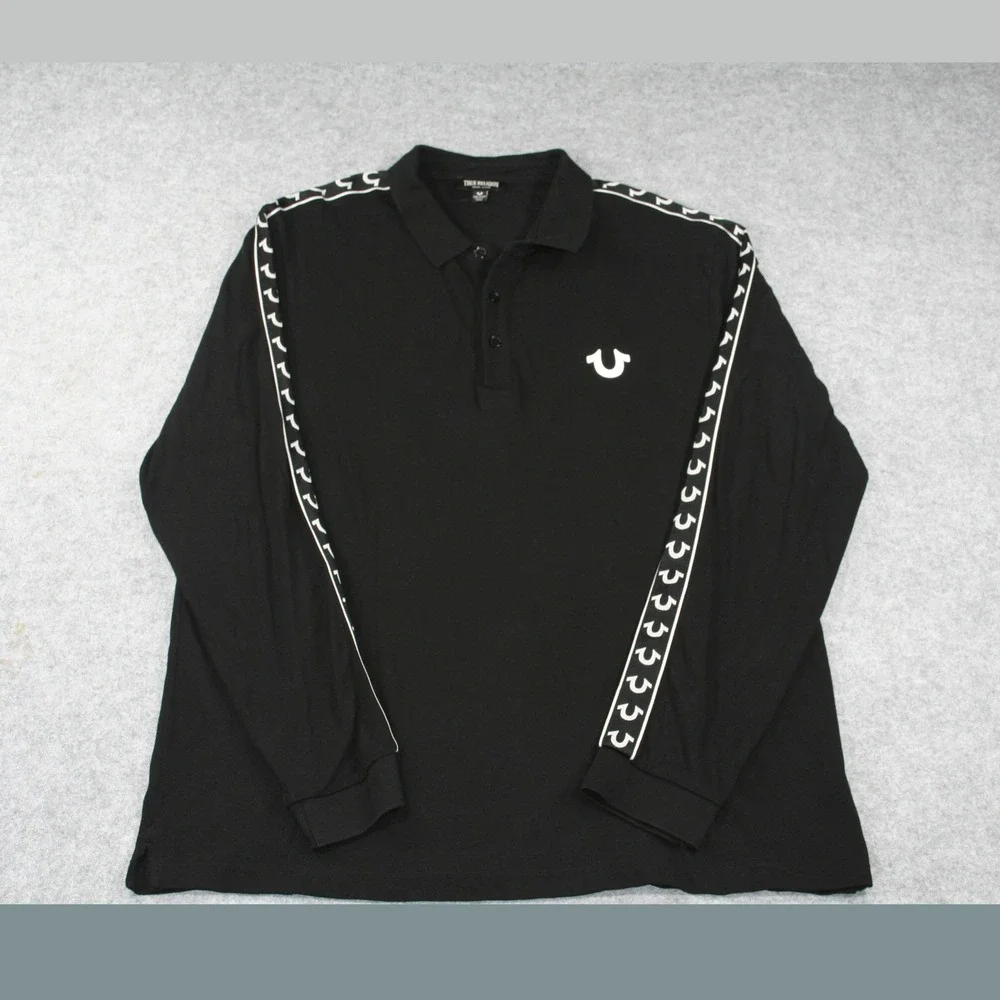 True Religion Mens LS Damask Polo Medium Black Logo Tape Long Sleeve Shirt